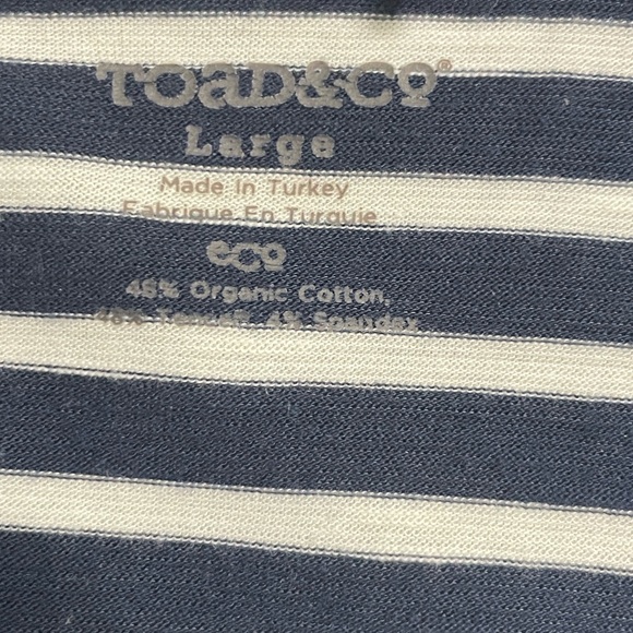 Toad & Co Muse Dress Size L Organic Cotton Midi Navy Blue Striped Pocket - Picture 7 of 7
